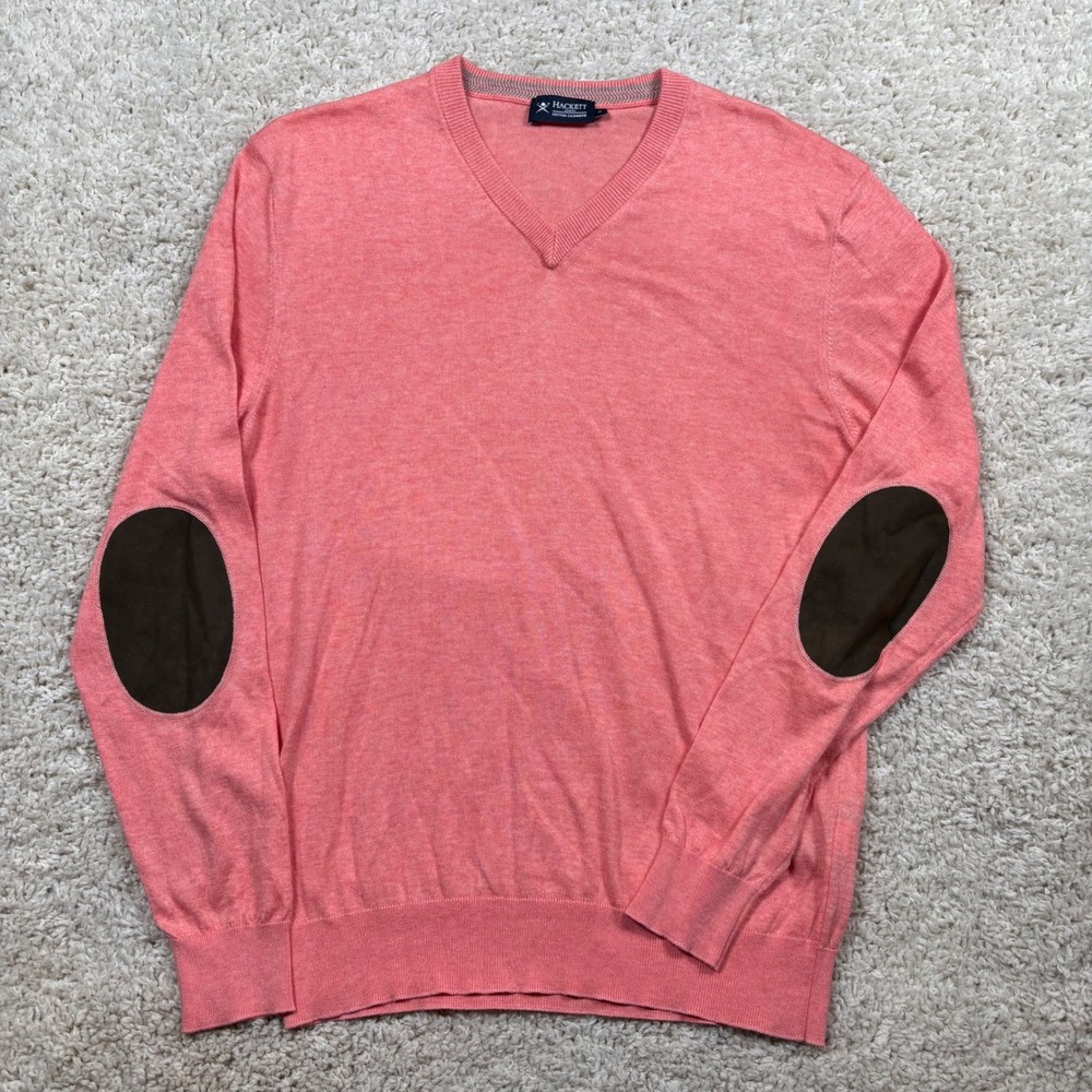 Hackett London V-Neck Sweater Mens M‎ Coral Pink Cotton Cashmere Elbow Patches